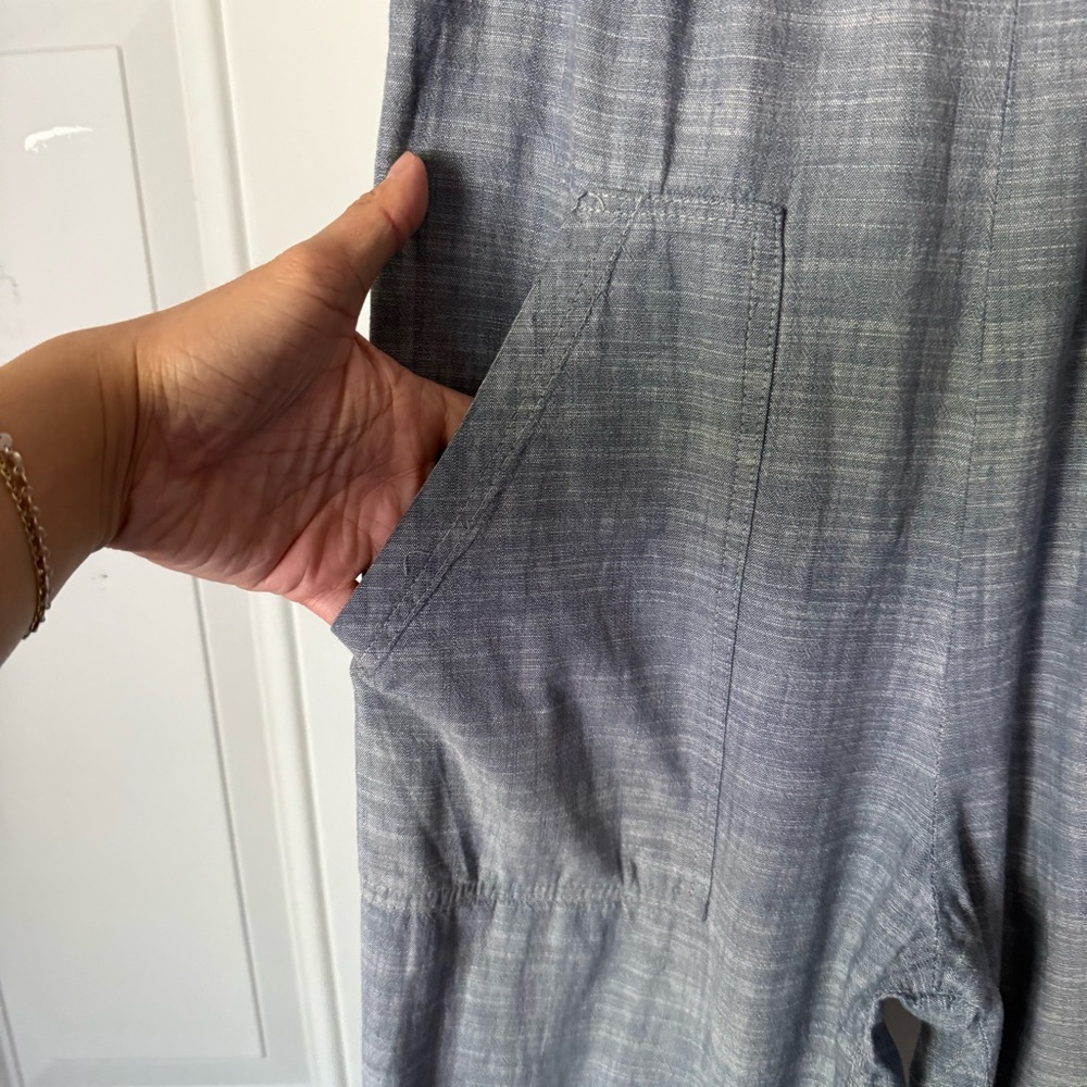 NOOWORKS‎ blue chambray denim cotton Lycra cropped overalls jumpsuit - Picture 2 of 7